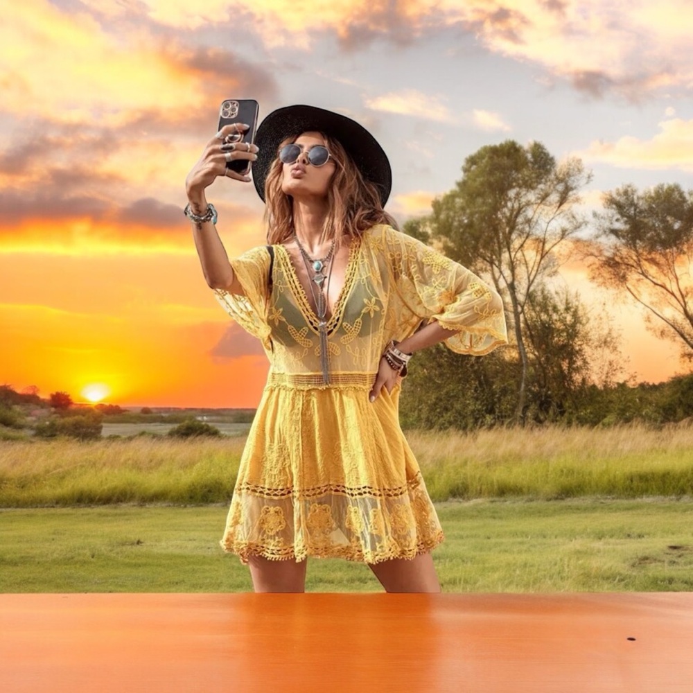 Boho Inspired- beach mini dress Sexy neck V, half sleeve YELLOW
